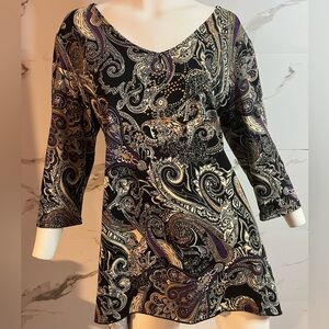 Paisley V-Neck 3/4 Sleeve Long Shirt in Black, Cream and Purple With Jewels
